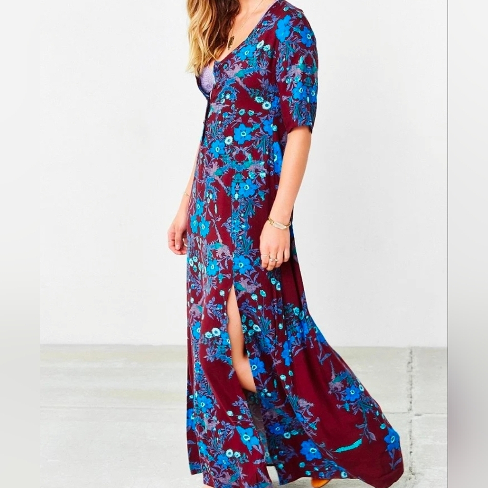 Somedays Lovin Blue and Brown Floral Maxi Dress With Front Splits